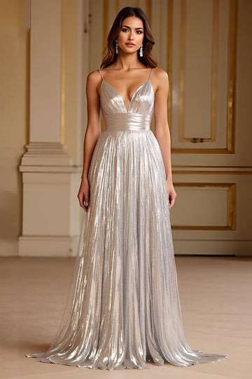 Glitter Silver Spaghetti Straps A Line Long Formal Dress